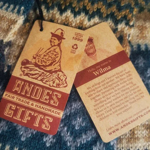 NWT! Andes Gifts Fair Trade Handmade Alpaca Blend Blue/Gray/Tan Pattern w/Fringe - Picture 7 of 10
